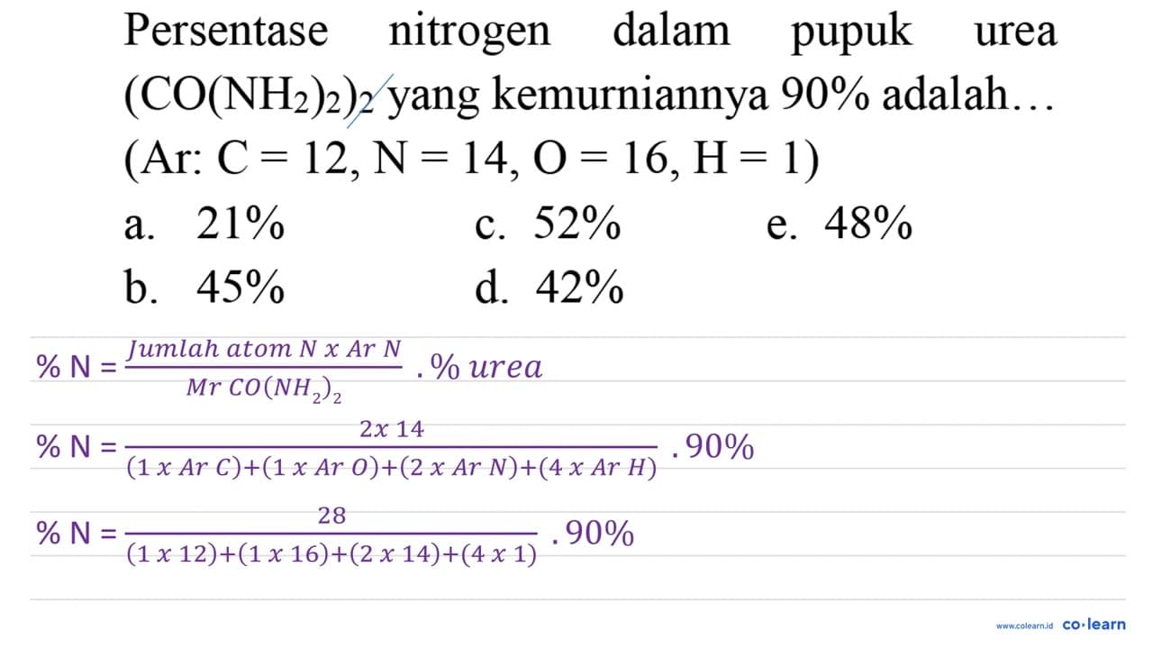 Persentase nitrogen dalam pupuk urea (CO(NH_(2))_(2))_(2)