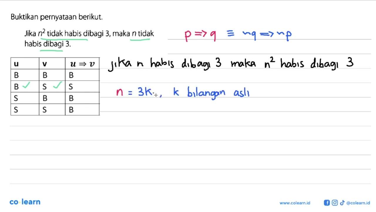 Buktikan pernyataan berikut.Jika n^2 tidak habis dibagi 3,