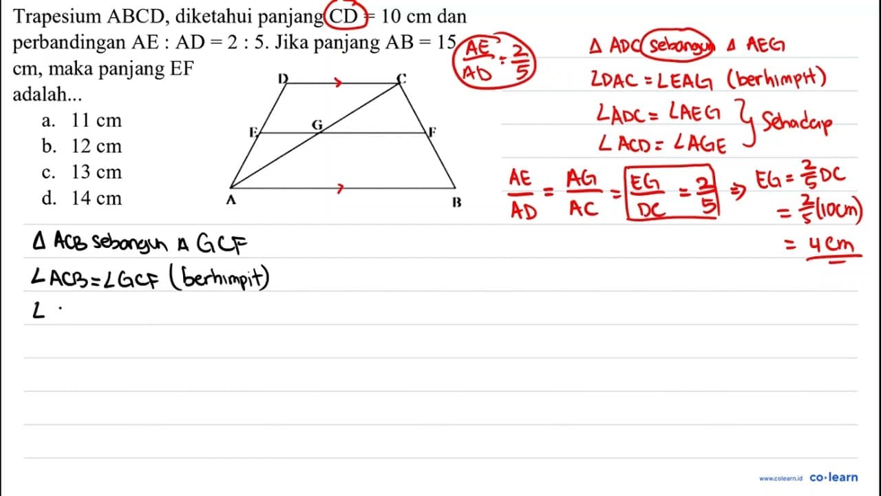 Trapesium A B C D , diketahui panjang C D=10 cm dan