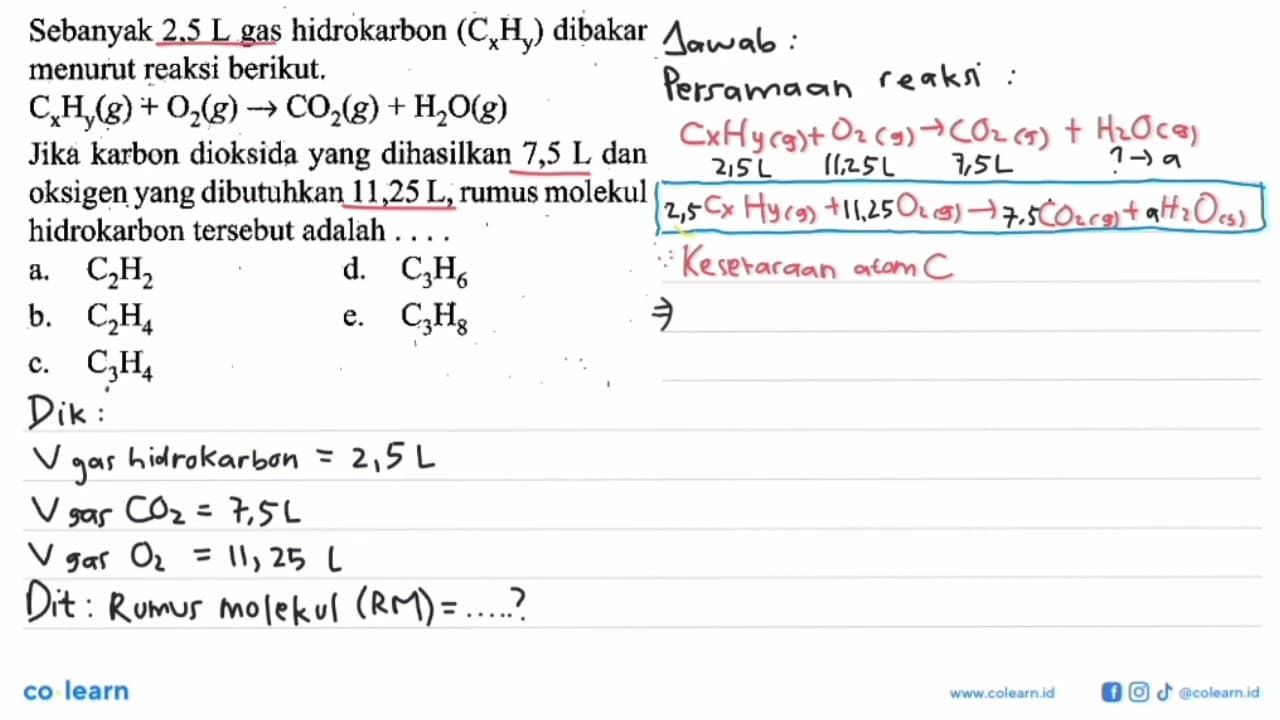 Sebanyak 2,5L gas hidrokarbon (CxHy) dibakar menurut reaksi