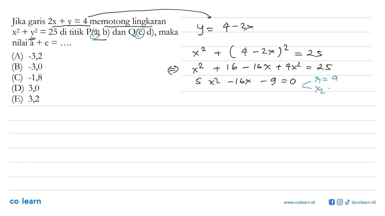 Jika garis 2x+y=4 memotong lingkaran x^2+y^2=25 di titik