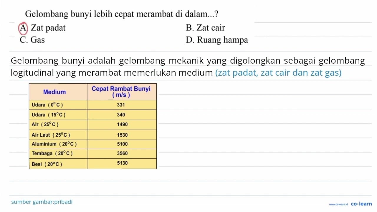 Gelombang bunyi lebih cepat merambat di dalam...? A. Zat