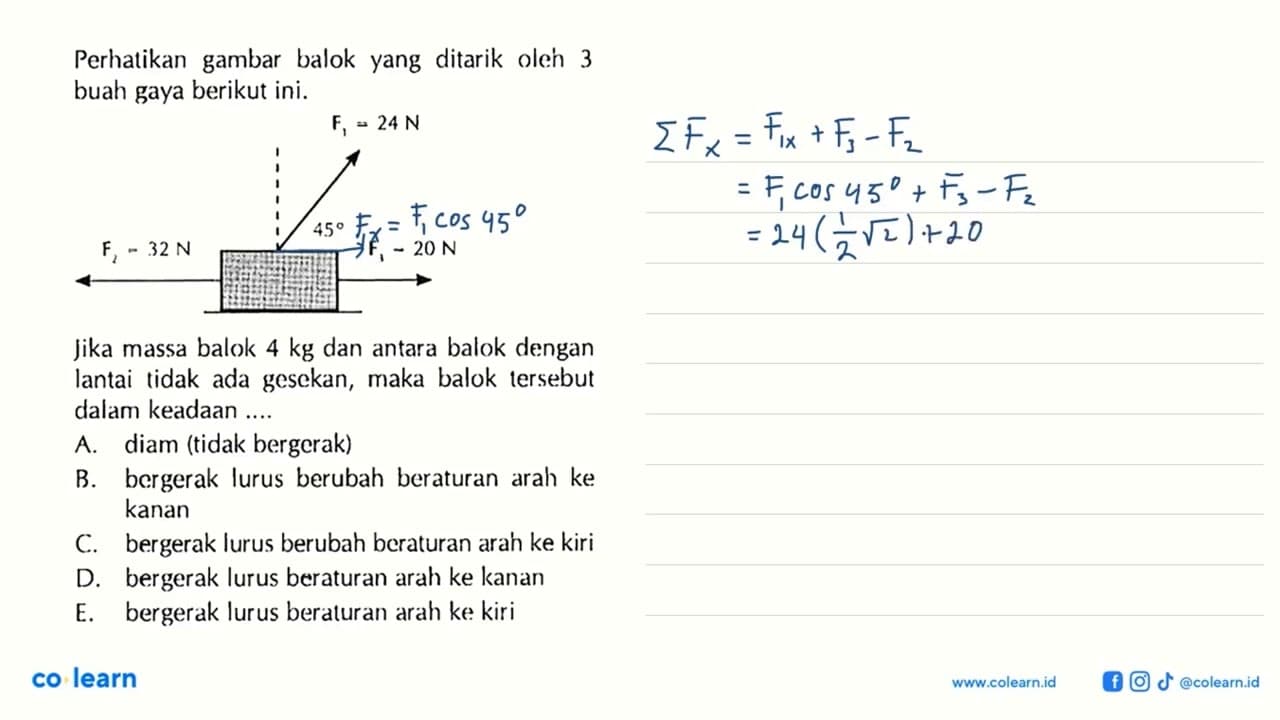 Perhatikan gambar balok yang ditarik oleh 3 buah gaya