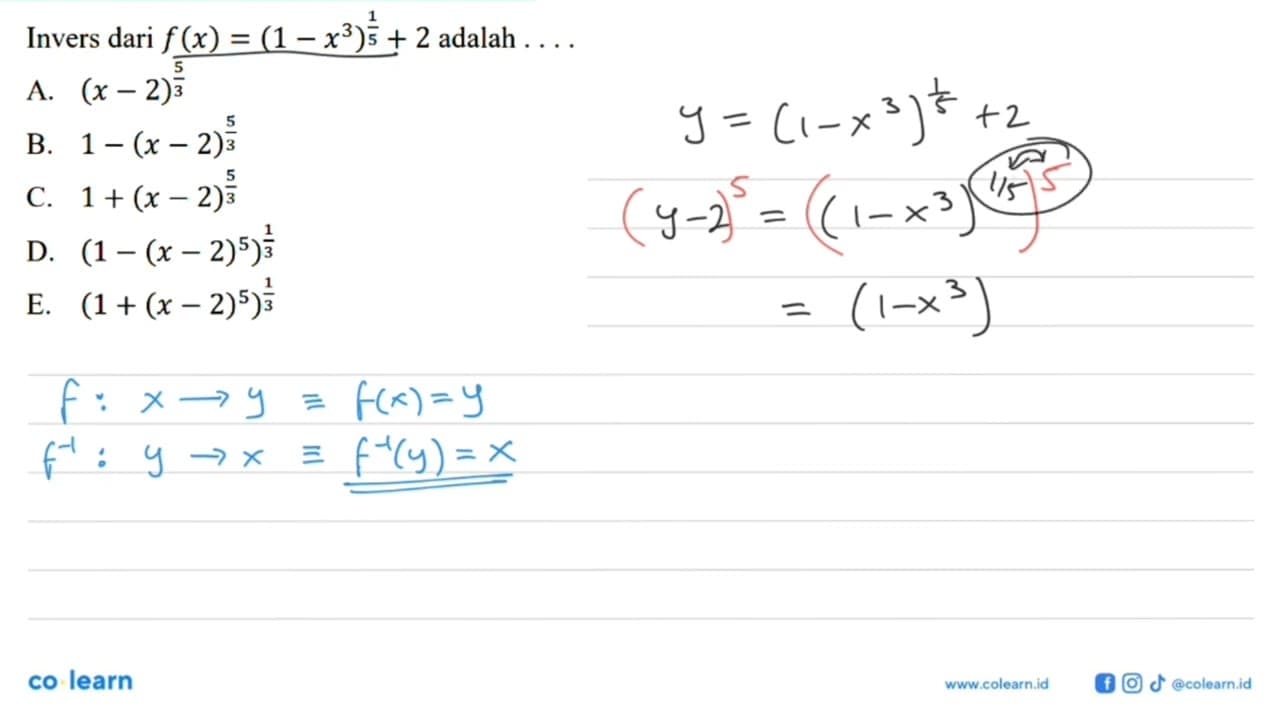 Invers dari f(x)=((1-x^3)^(1/5) )+2 adalah ....