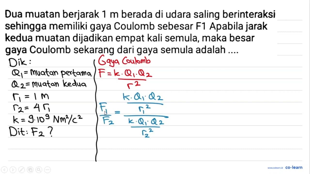 Dua muatan berjarak 1 m berada di udara saling berinteraksi