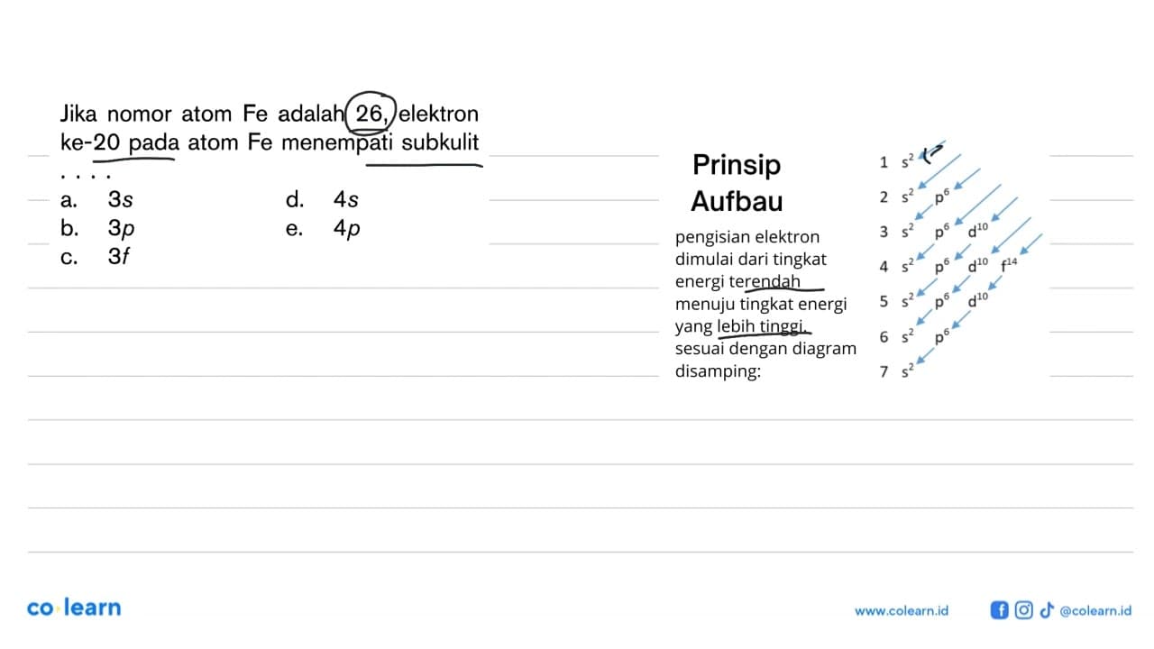 Jika nomor atom Fe adalah 26, elektron ke-20 pada atom Fe