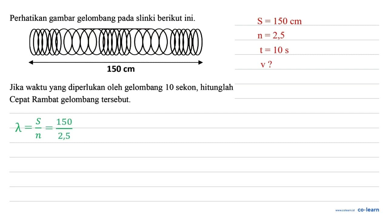 Perhatikan gambar gelombang pada slinki berikut ini.150 cm