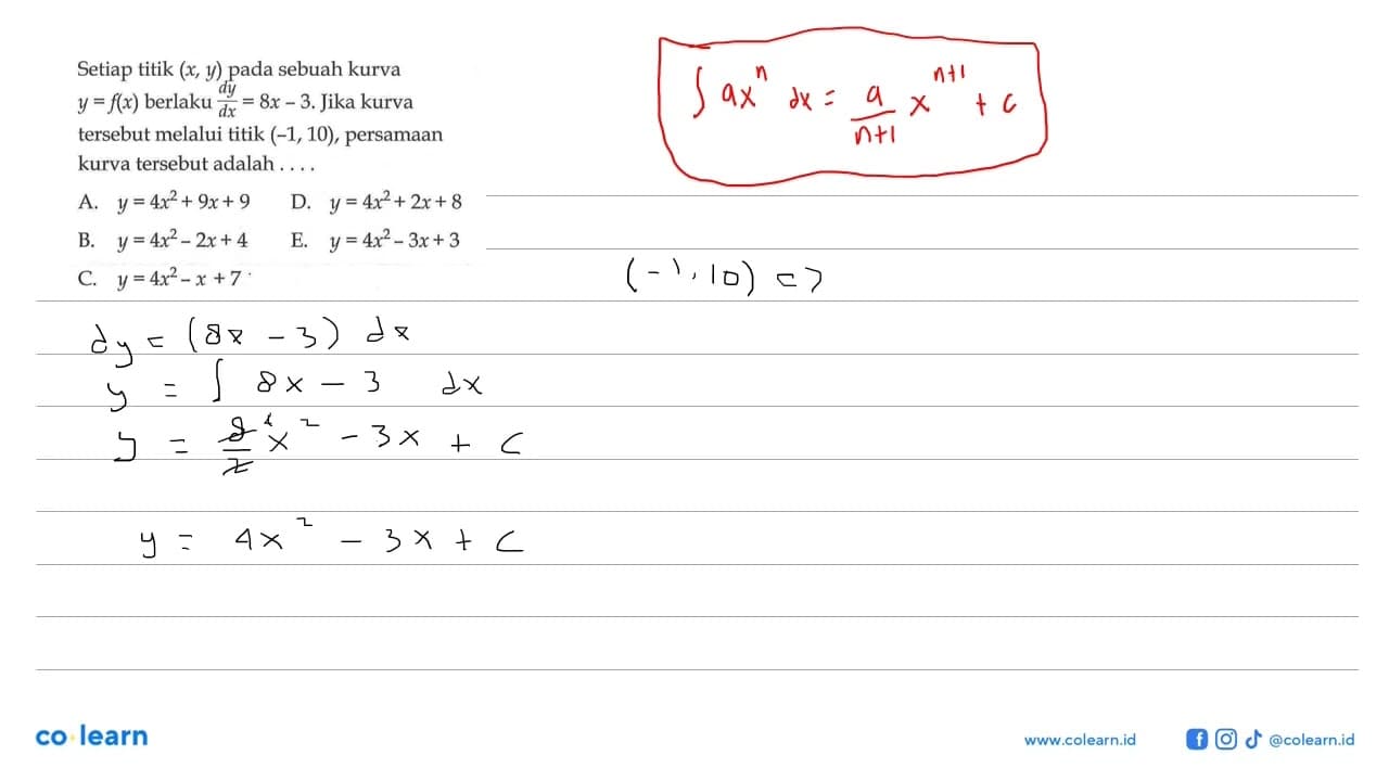 Setiap titik (x, y) pada sebuah kurva y=f(x) berlaku