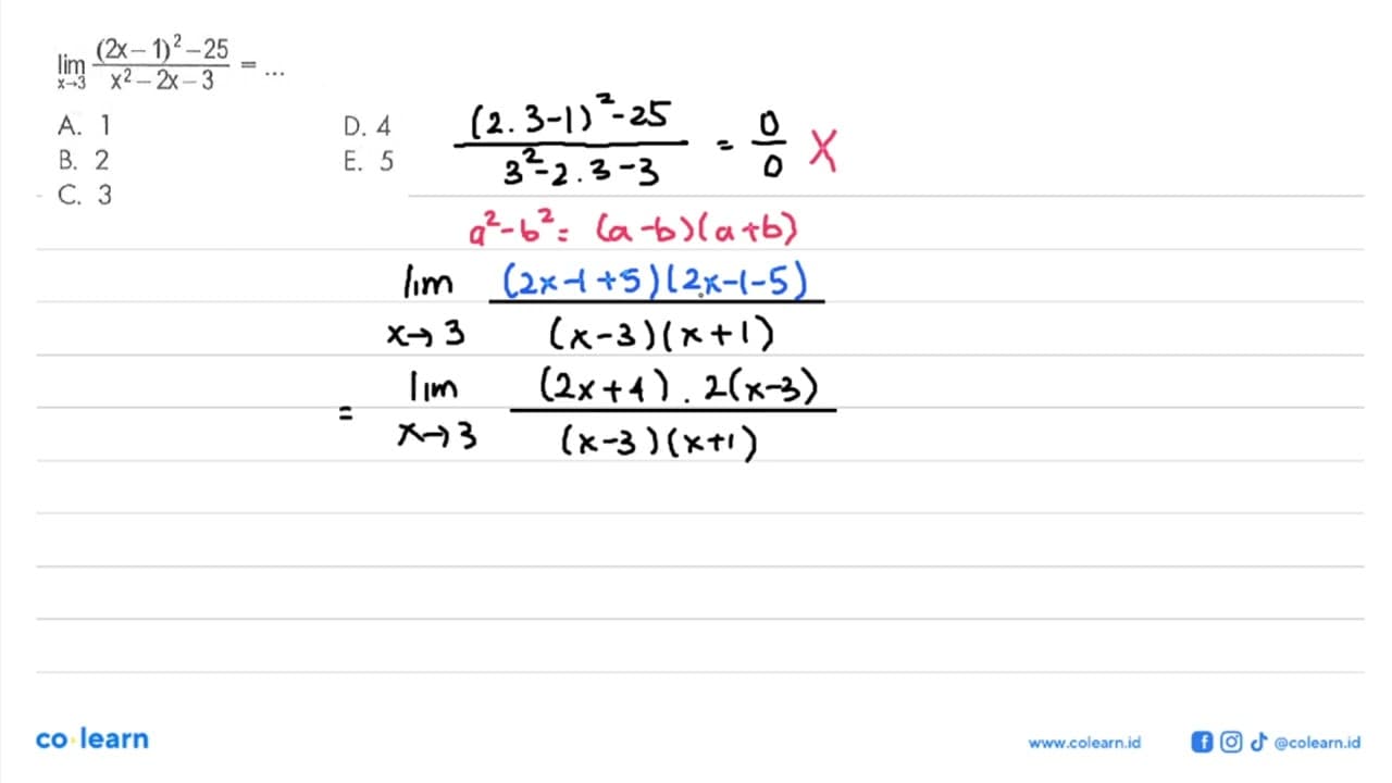 lim x->3 ((2x-1)^2-25)/(x^2-2x-3)= ....