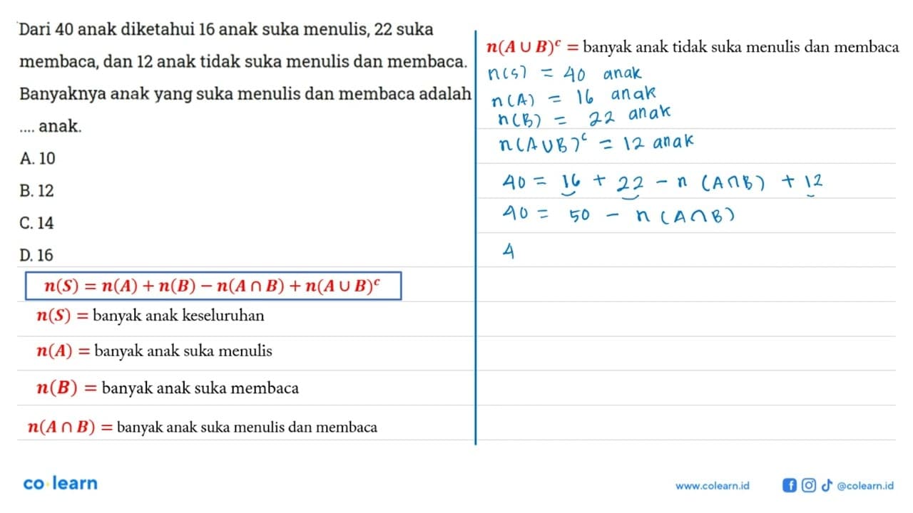 Dari 40 anak diketahui 16 anak suka menulis, 22 suka