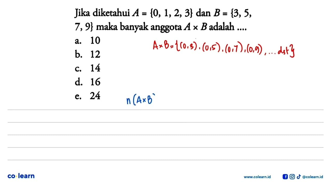 Jika diketahui A{0, 1, 2, 3} dan B={3, 5, 7, 9} maka banyak