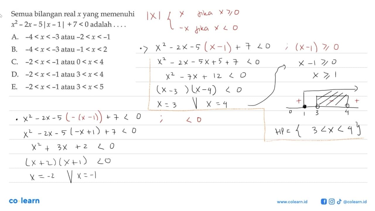 Semua bilangan real x yang memenuhi x^2-2x-5 | x-1 | +7<0