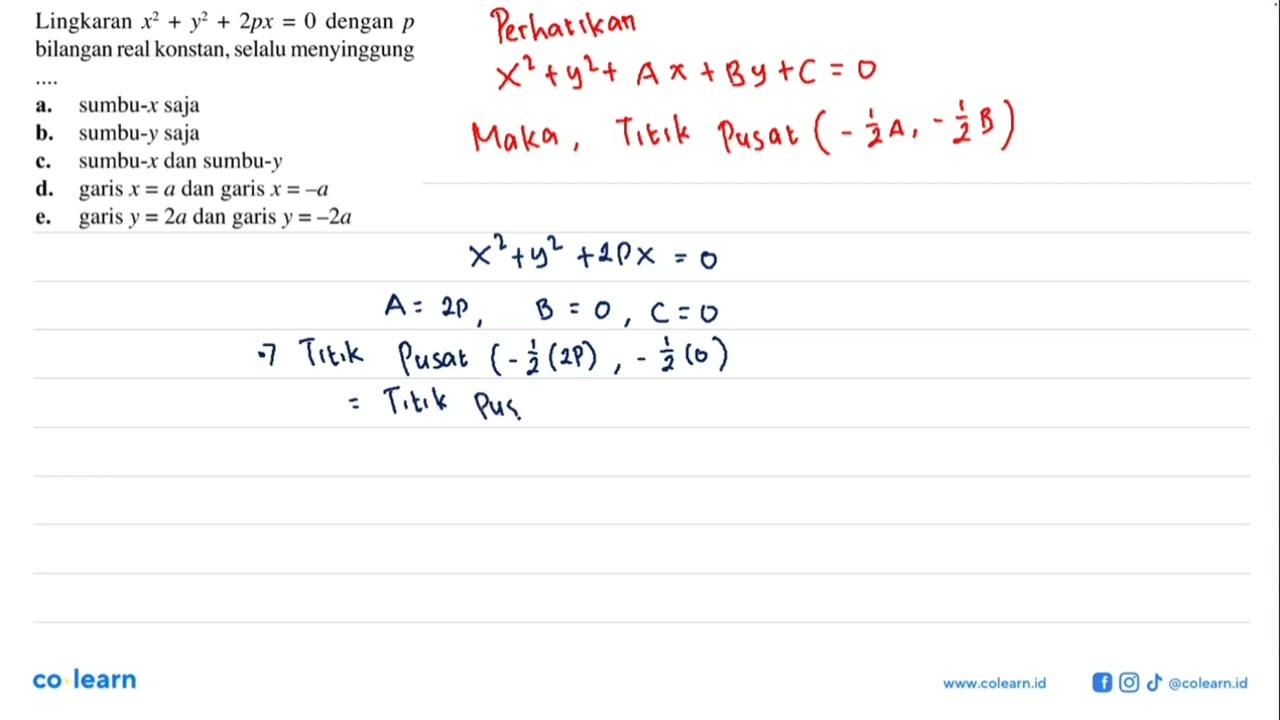 Lingkaran x^2+y^2+2px=0 dengan p bilangan real konstan,