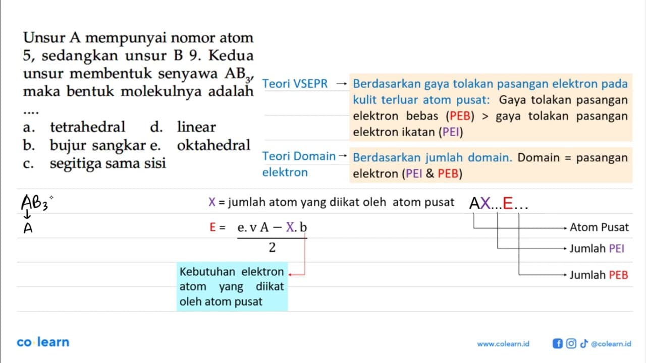 Unsur A mempunyai nomor atom 5, sedangkan unsur B 9. Kedua