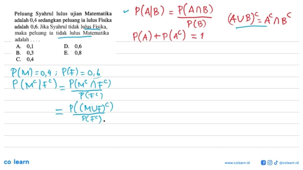 Peluang Syahrul lulus ujian Matematika adalah 0,4 sedangkan