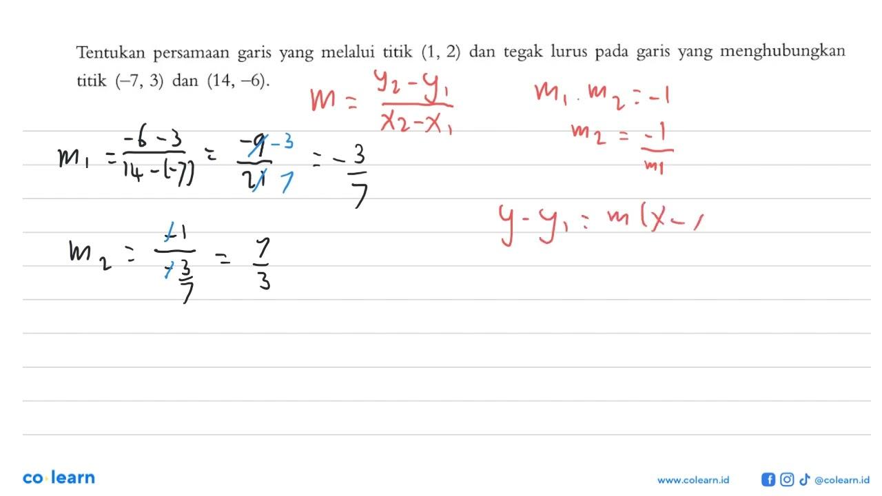 Tentukan persamaan garis yang melalui titik (1, 2) dan