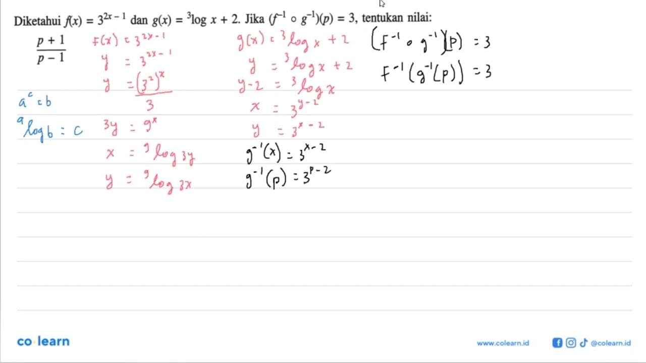 Diketahui f(x)=3^(2x-1) dan g(x)= 3logx + 2. Jika (f^(-1) o