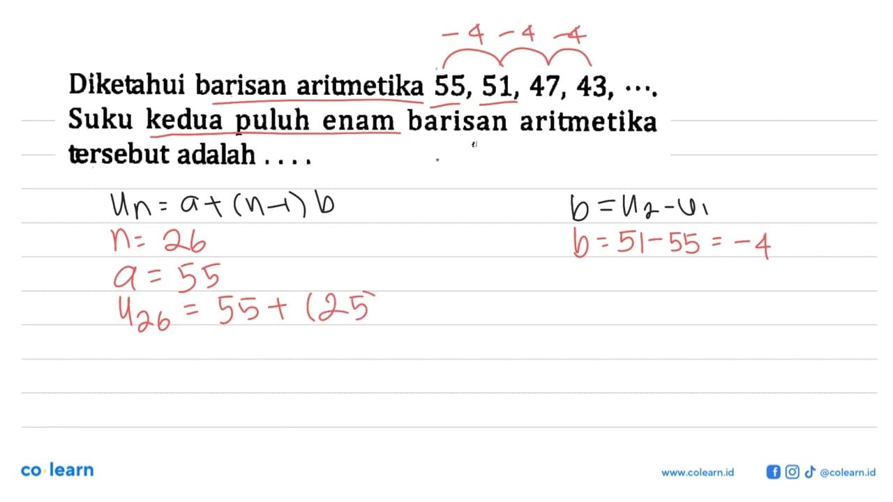 Diketahui barisan aritmetika 55, 51, 47, 43, .... Suku