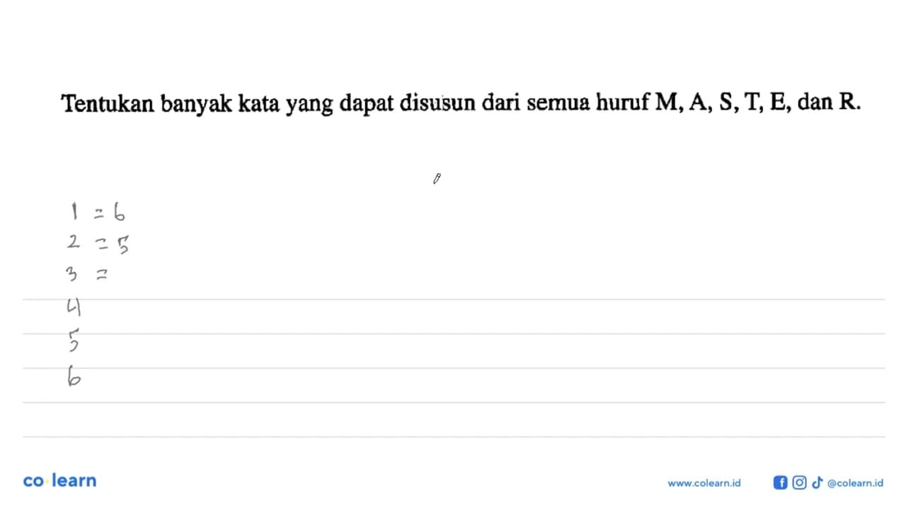 Tentukan banyak kata yang dapat disusun dari semua huruf