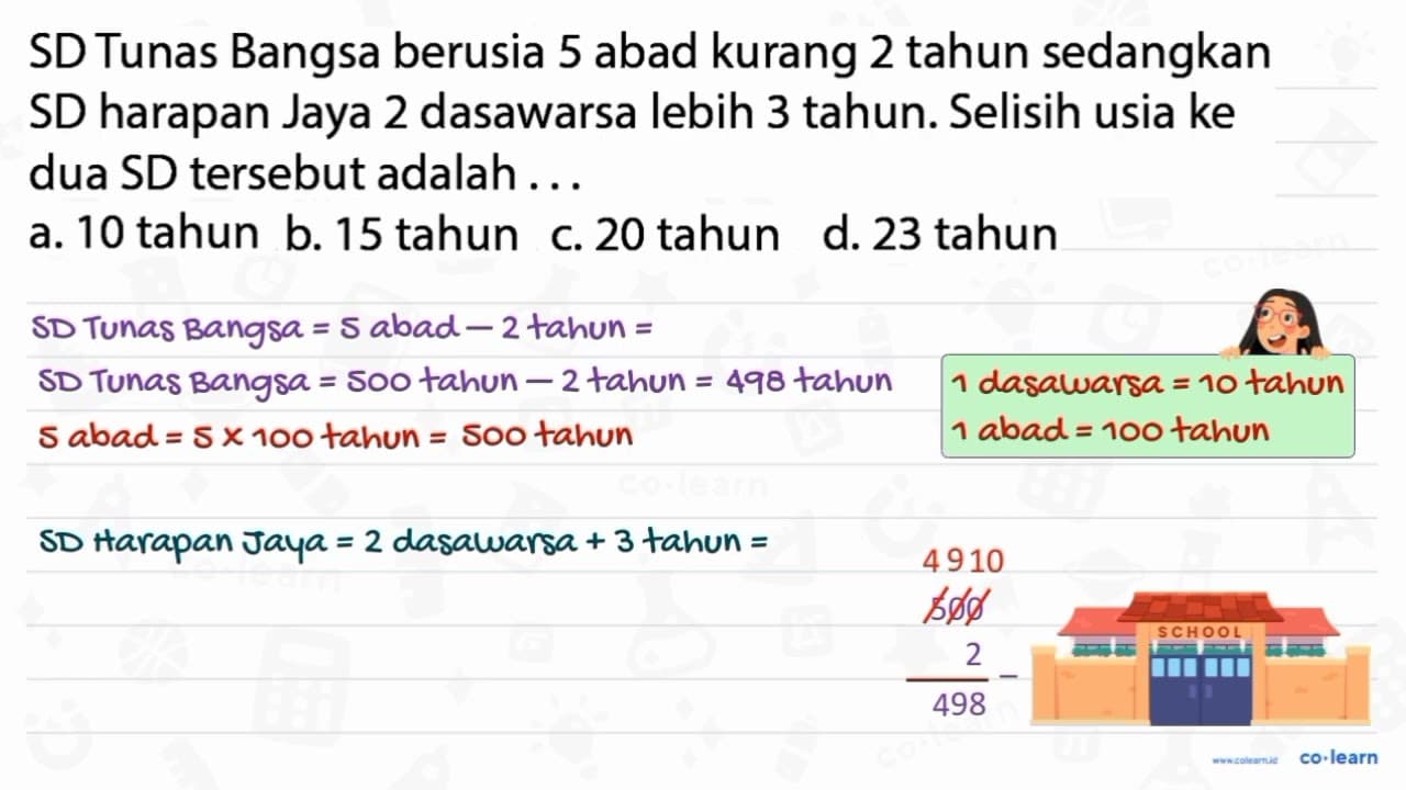 SD Tunas Bangsa berusia 5 abad kurang 2 tahun sedangkan SD