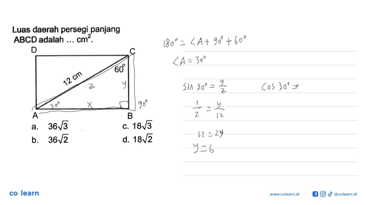 Luas daerah persegi panjang ABCD adalah ... cm^2.D C 12 cm