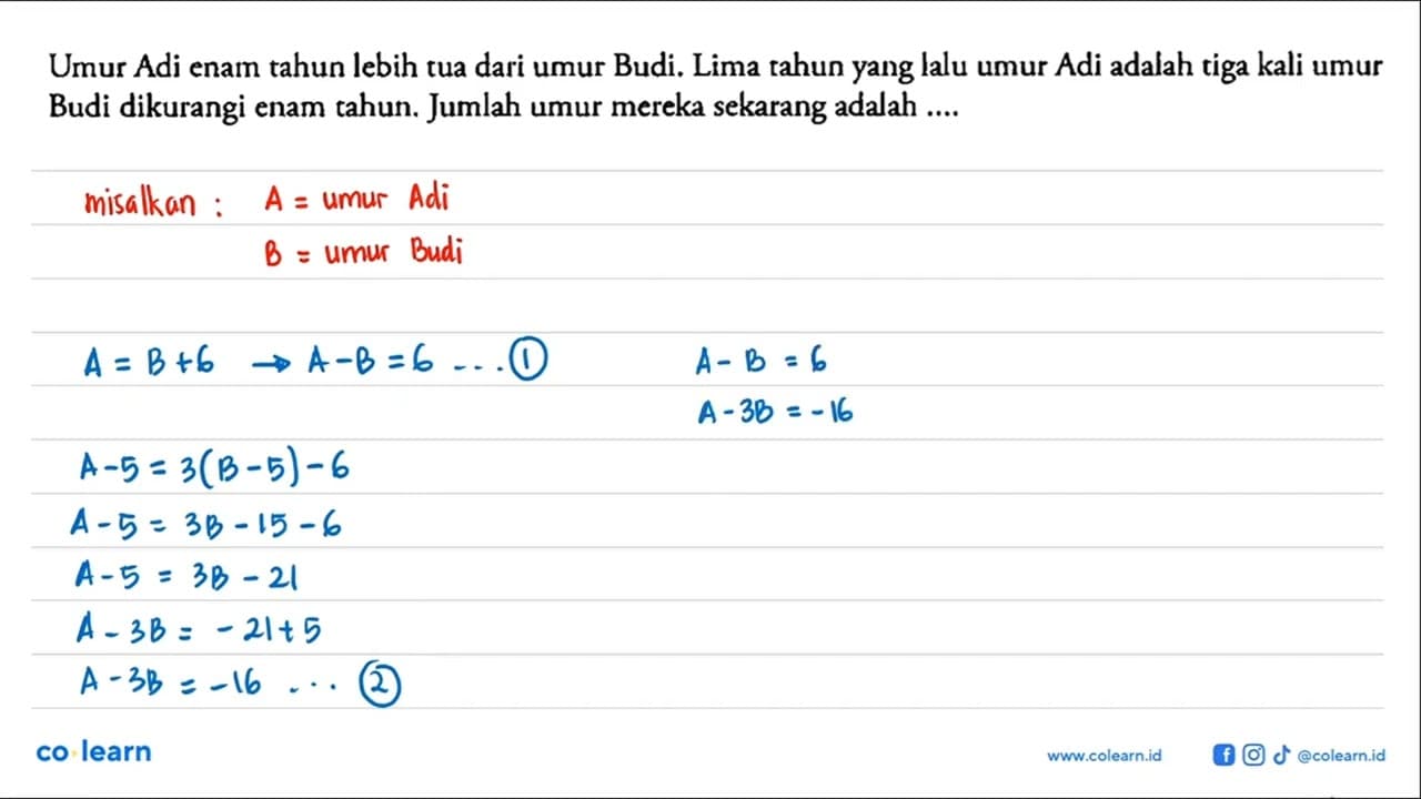 Umur Adi enam tahun lebih tua dari umur Budi. Lima tahun