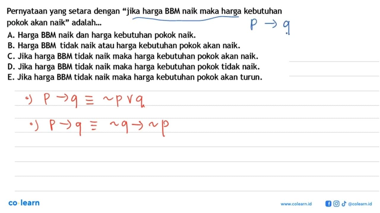 Pernyataan yang setara dengan 'jika harga BBM naik maka