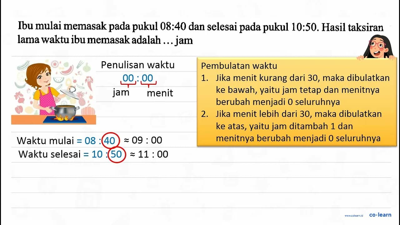 Ibu mulai memasak pada pukul 08:40 dan selesai pada pukul