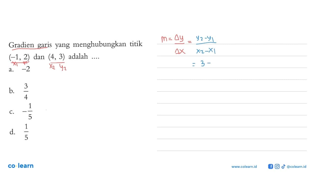 Gradien garis yang menghubungkan titik (-1, 2) dan (4, 3)