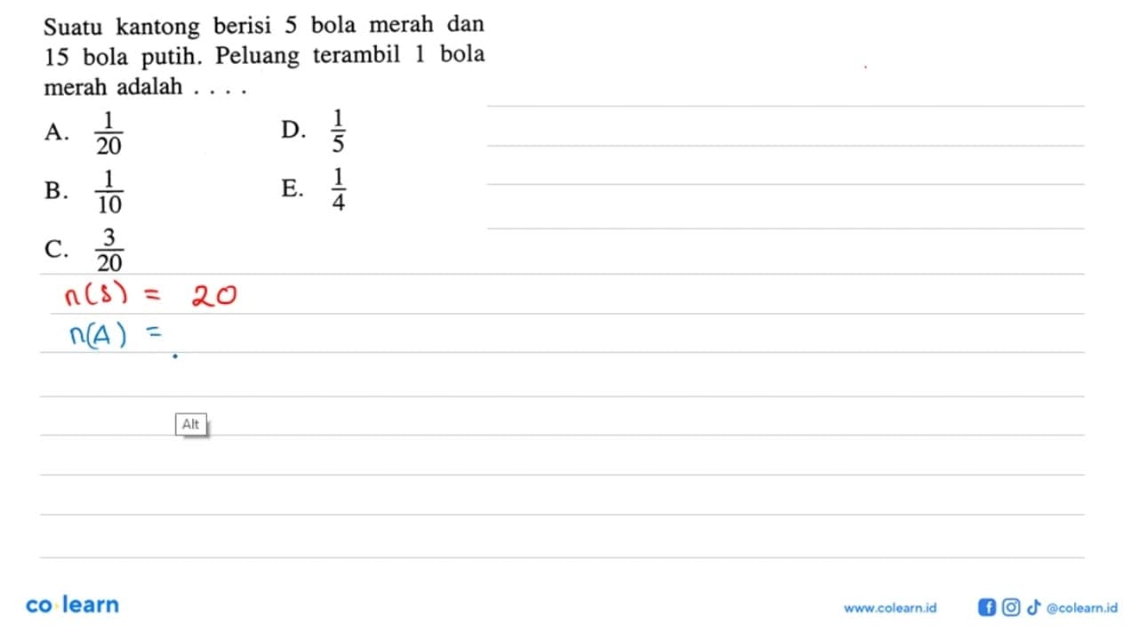 Suatu kantong berisi 5 bola merah dan 15 bola putih.