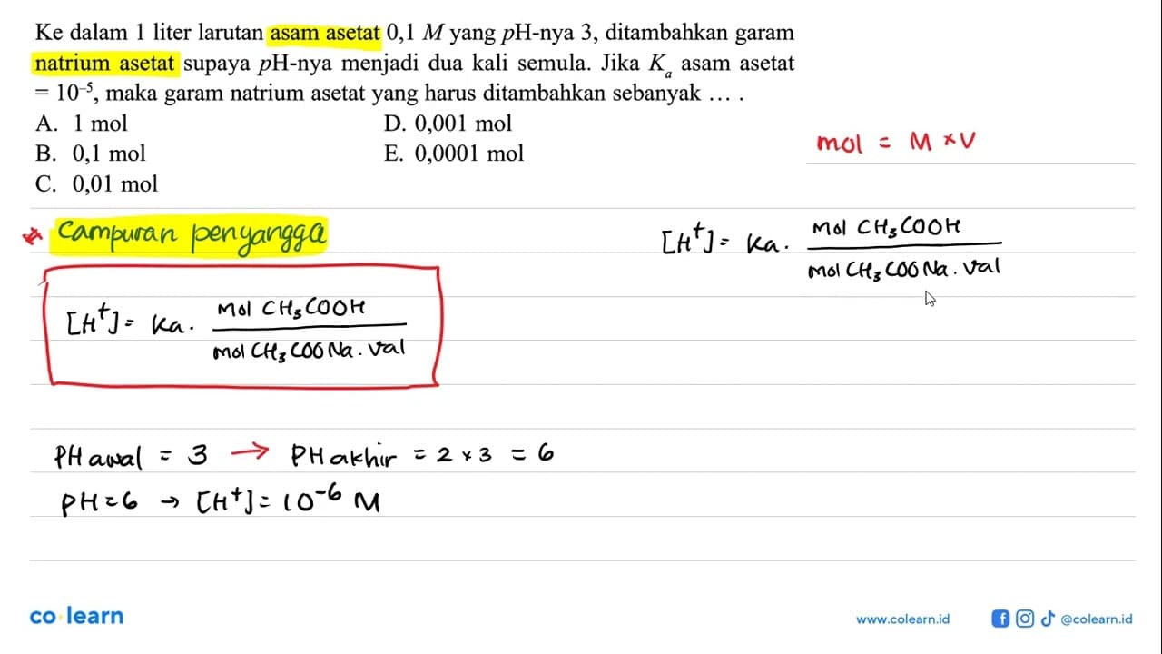 Ke dalam 1 liter larutan asam asetat 0,1 M yang pH-nya 3,