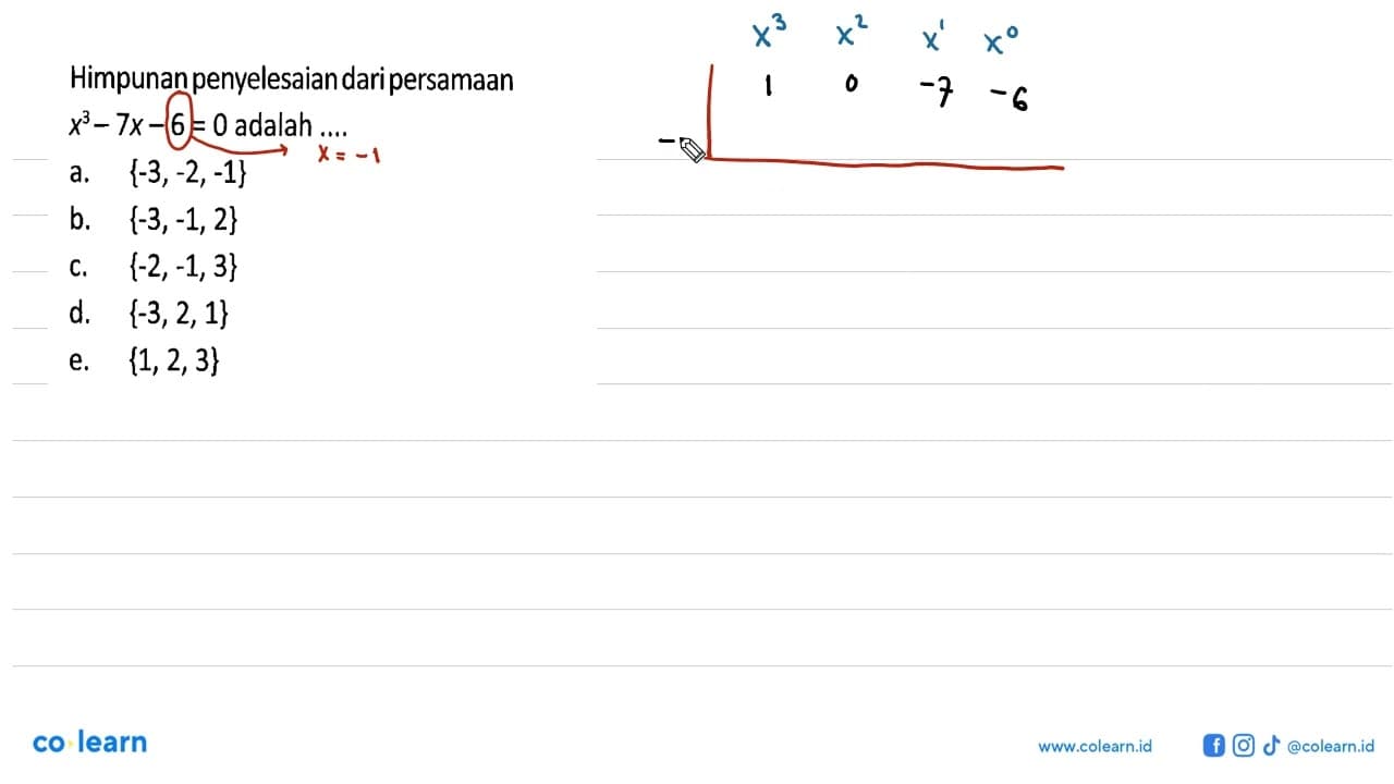 Himpunan penvelesaiandaripersamaan x^3-7x-6=0 adalah ....