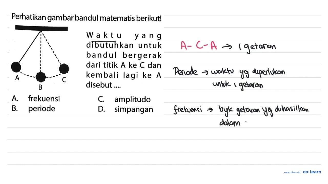 Perhatikan gambar bandul matematis berikut! A B C waktu