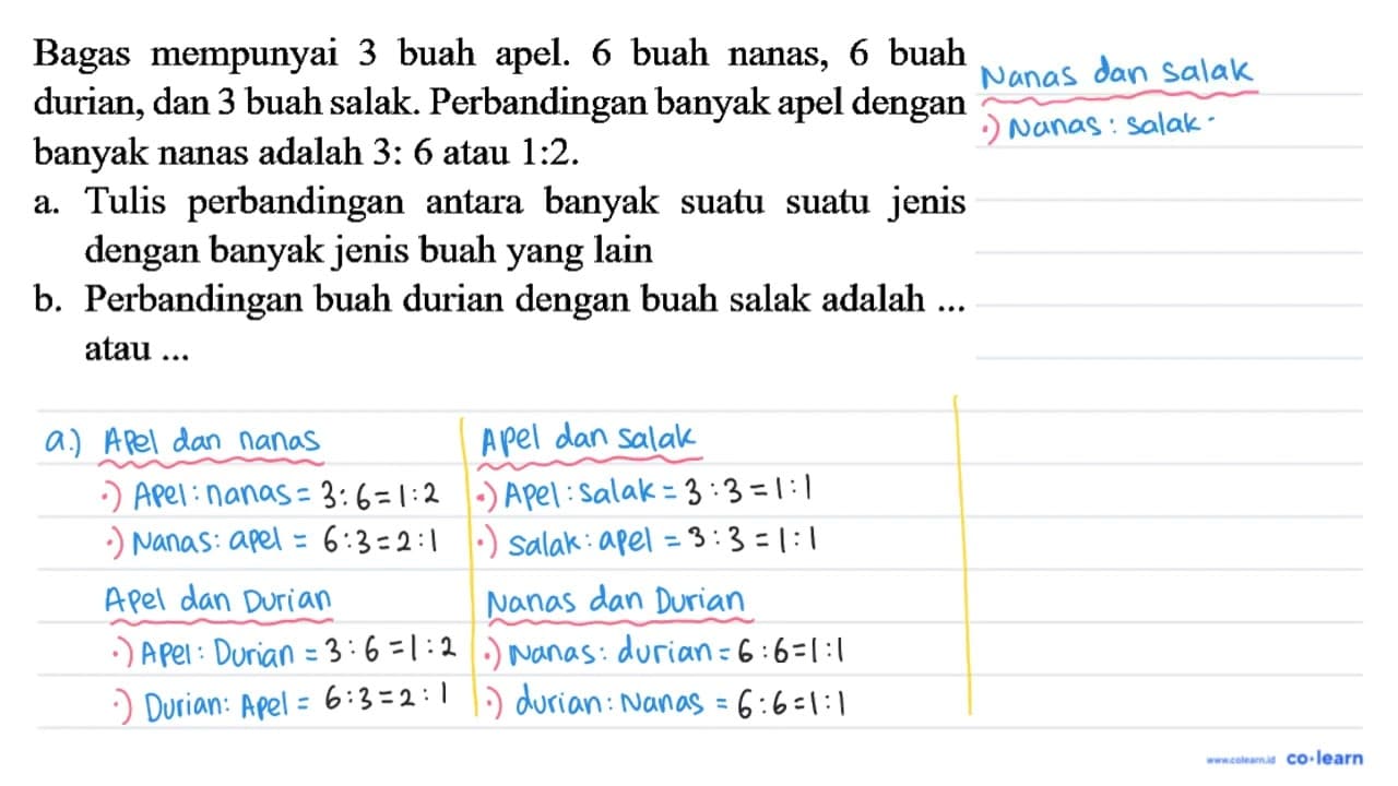 Bagas mempunyai 3 buah apel. 6 buah nanas, 6 buah durian,