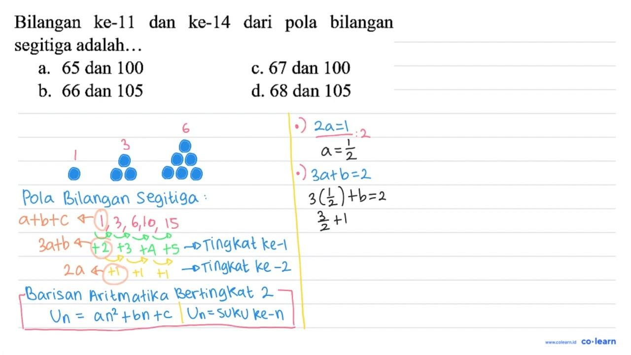 Bilangan ke-11 dan ke-14 dari pola bilangan segitiga