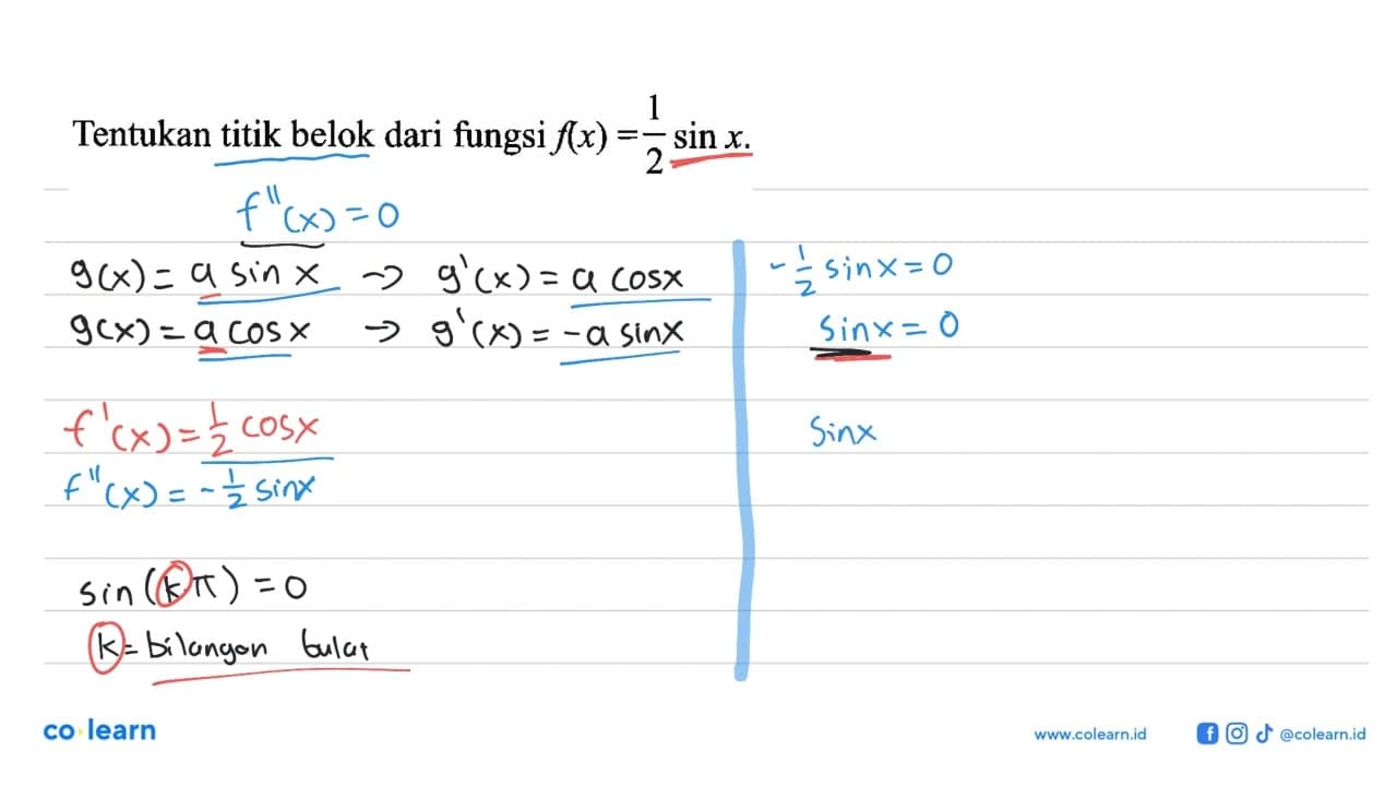 Tentukan titik belok dari fungsi f(x)=(1/2)sin x.