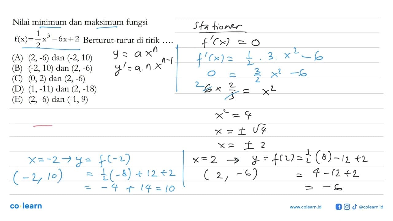 Nilai minimum dan maksimum fungsi f(x)=1/2 x^3-6x+2