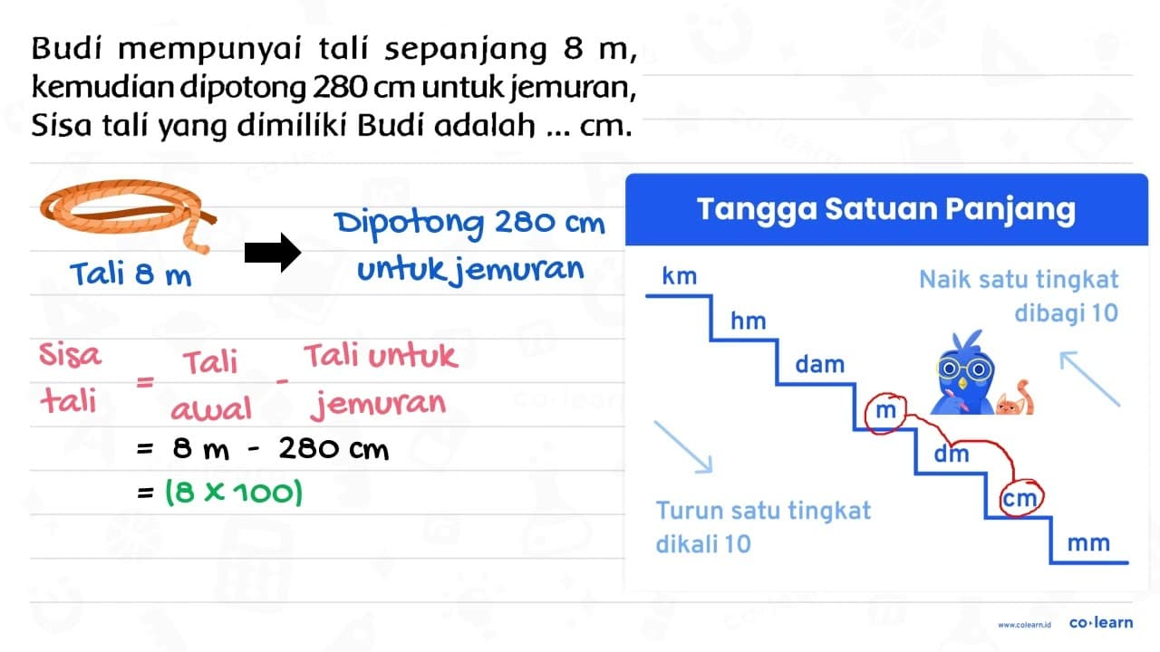 Budi mempunyai tali sepanjang 8 m , kemudian dipotong 280