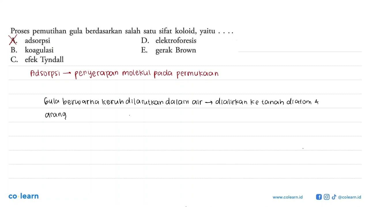 Proses pemutihan gula berdasarkan salah satu sifat koloid,