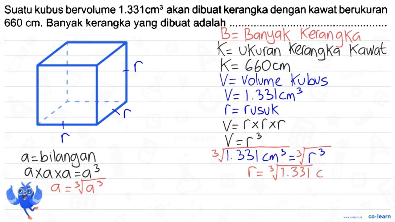 Suatu kubus bervolume 1.331 cm^(3) akan dibuat kerangka