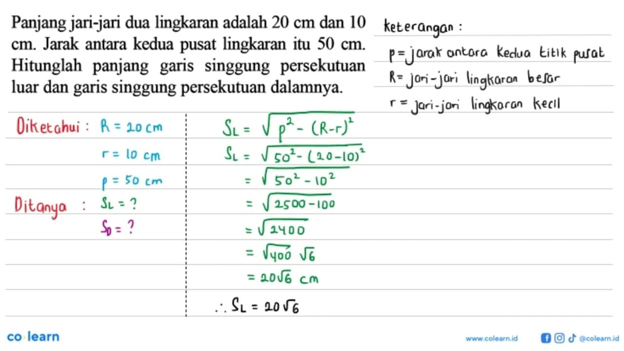 Panjang jari-jari dua lingkaran adalah 20 cm dan 10 cm.