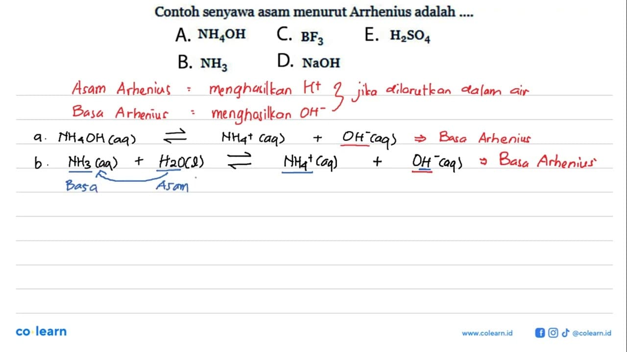 Contoh senyawa asam menurut Arrhenius adalah ....A. NH4 OH