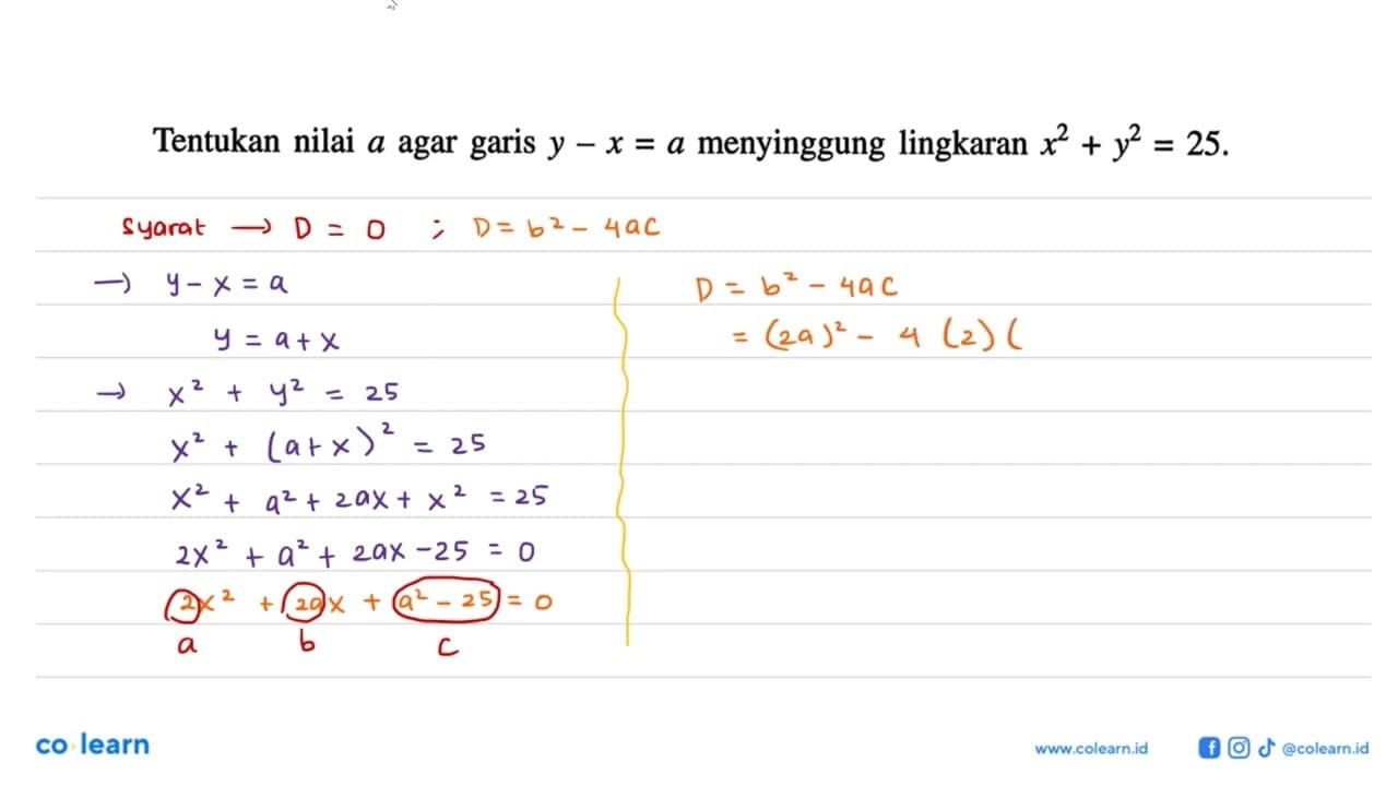 Tentukan nilai a agar garis y-x=a menyinggung lingkaran