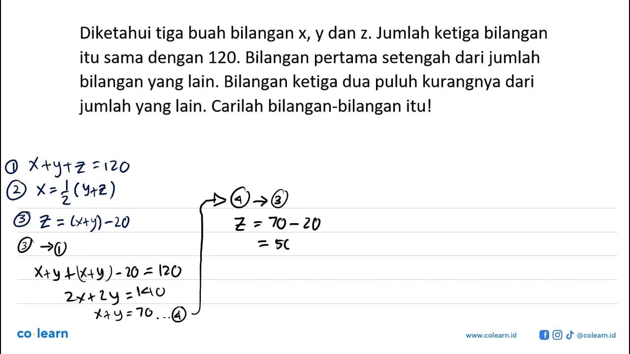 Diketahui tiga buah bilangan x,y, dan z. Jumlah ketiga