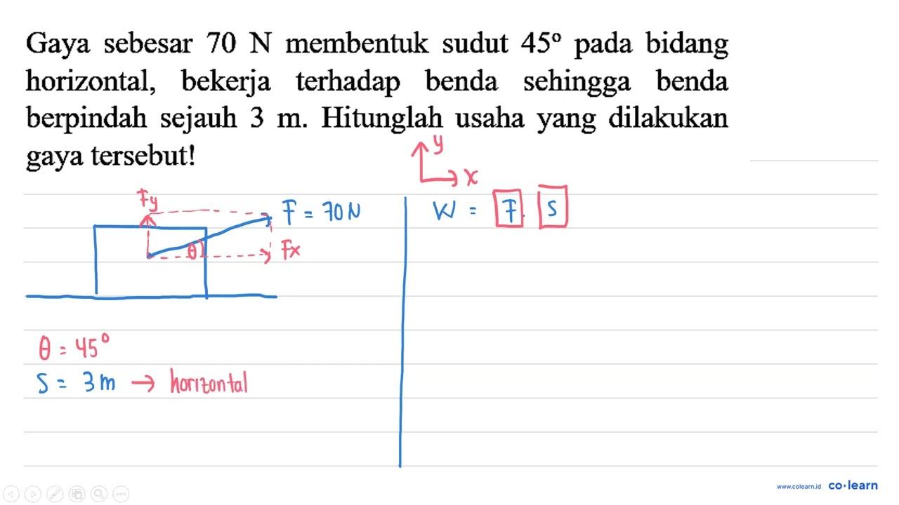 Gaya sebesar 70 ~N membentuk sudut 45 pada bidang