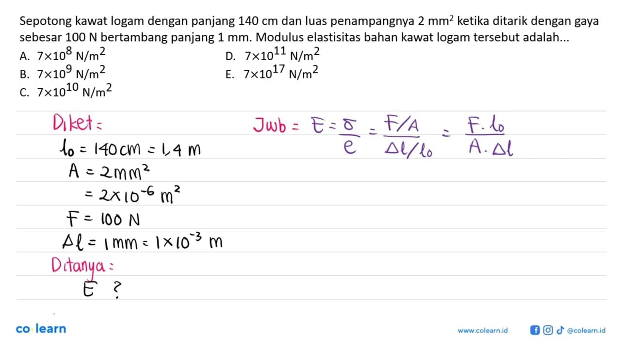 Sepotong kawat logam homogen dengan panjang 140 cm dan luas