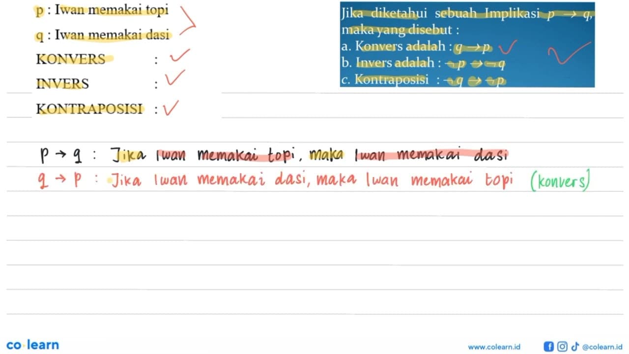 p : Iwan memakai topiq : Iwan memakai dasiKONVERS : INVERS