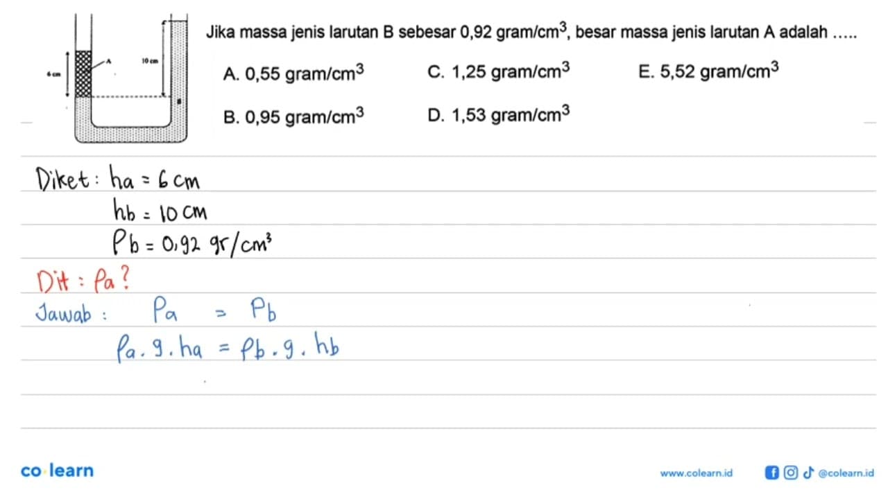 Jika massa jenis larutan B sebesar 0,92 gram/cm^3 , besar