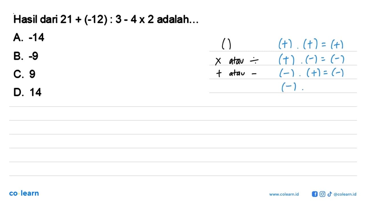 Hasil dari 21 + (-12) : 3 - 4 x 2 adalah...