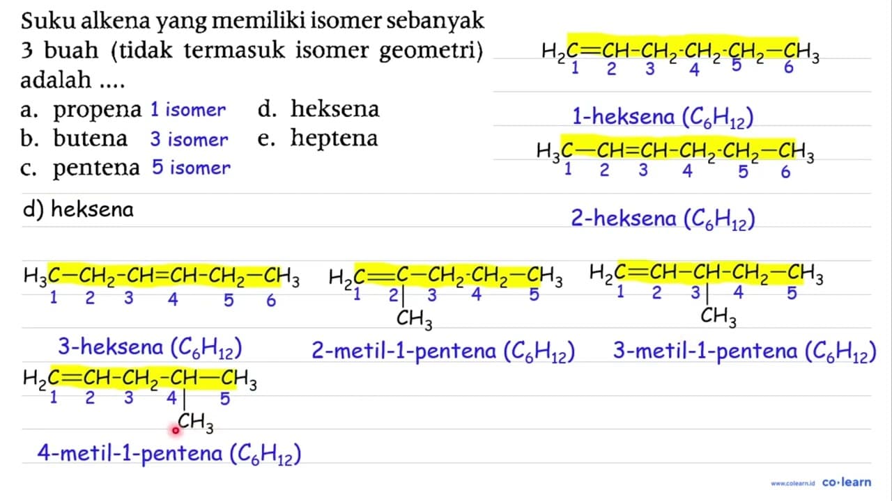 Suku alkena yang memiliki isomer sebanyak 3 buah (tidak